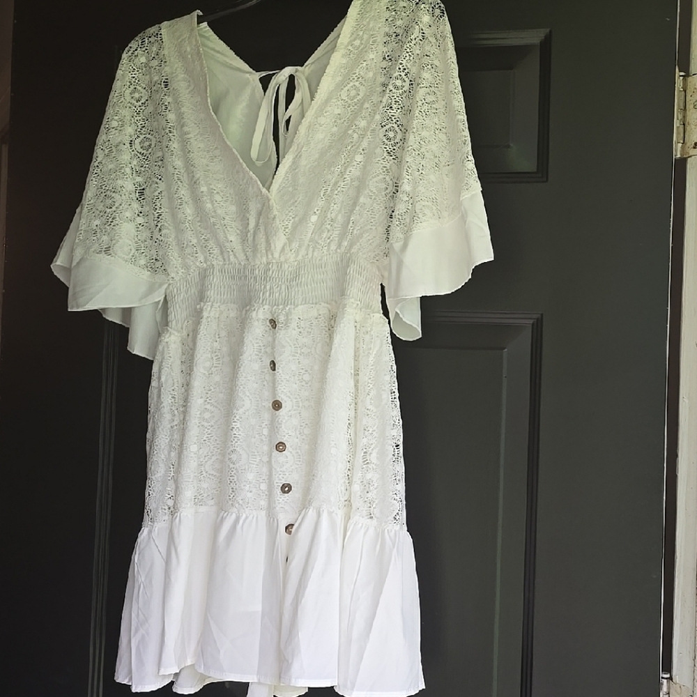 White Lace Button-Down Dress